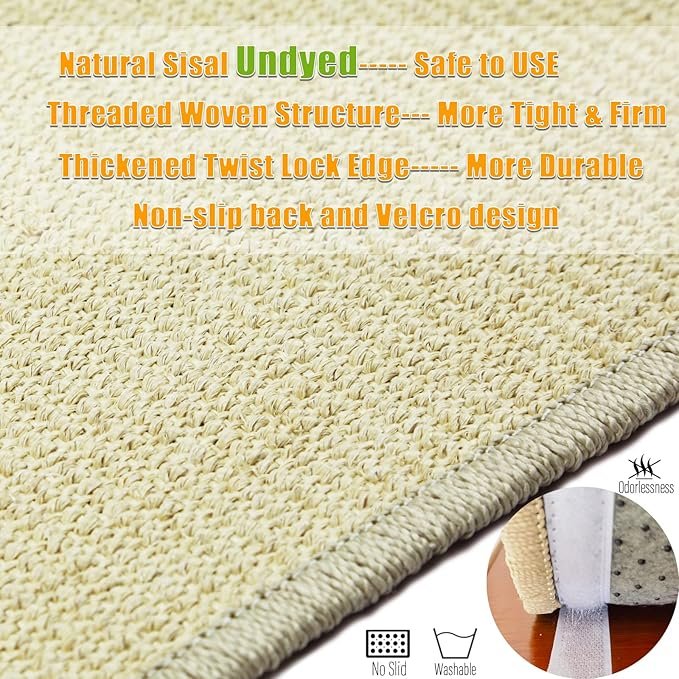 1 Cat Scratcher Mat, 23.6x15.7” Natural Sisal Scratching Mat with Velcro Tape,Stick on Floor and Wall Cat Scratch Pad Rug, Horizontal Cat Scratch Mat Protect Carpet and Sofa (Natural Color)