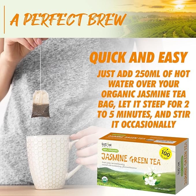 3 Fusion Organic Jasmine Green Tea - Fresh & Relaxing 100 Jasmine Tea Bags Blend Traditionally Scented with Jasmine Blossoms, Refreshing Floral Fragrance - Green Tea Jasmine Bags, 6oz(170g)