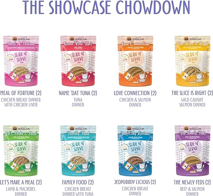 1 Weruva Wet Cat Food, The Showcase Chowdown Variety Pack, 2.8oz Slide N Serve Pouch, Pack of 16