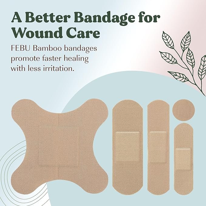 5 FEBU Eco-Friendly Organic Bamboo Fabric Bandages | PFAS Free Bandages for Scrapes & Cuts | Flexible Fabric Bandages | Latex Free Bandages | Compostable | 200 Count Bulk Variety Pack