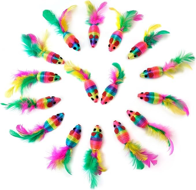 3 CHIWAVA 24PCS 5" Rattle Cat Toys Mice with Feather Rainbow Rope Mouse Kitten Interactive Toy Assorted Color