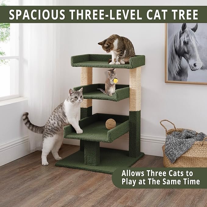 3 Naomi Home Nala Cat Tree for Large Cats, Cat Activity with Scratching Post, Cat Tower for Large Cats, 3 Level Cat Play Perch, Cat Climbing Tower, Cat Tree for Indoor Cats Multi-Level Cat, Green