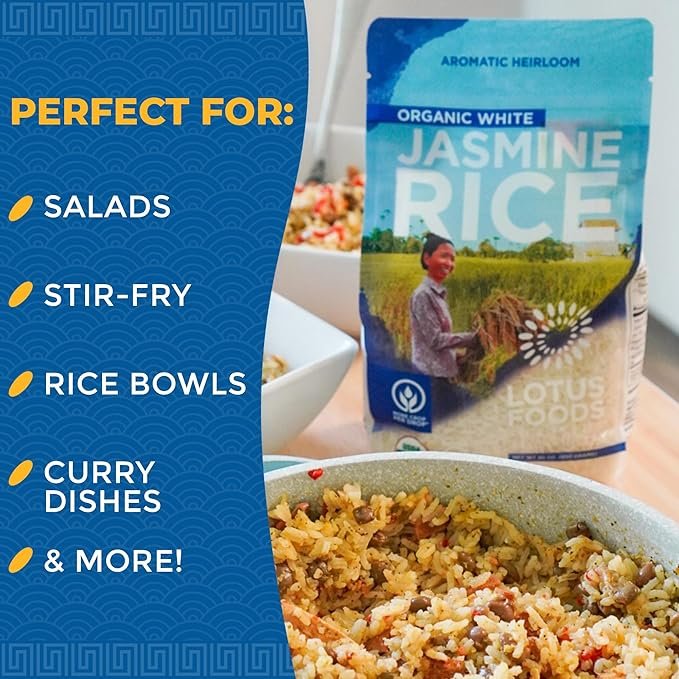 4 Lotus Foods Organic White Jasmine Rice - Jasmine Rice, Gluten Free White Rice, Organic Rice, Long Grain Asian Sticky Rice, USDA Organic, Vegan, Gluten Free - 30 Oz (Pack of 3)