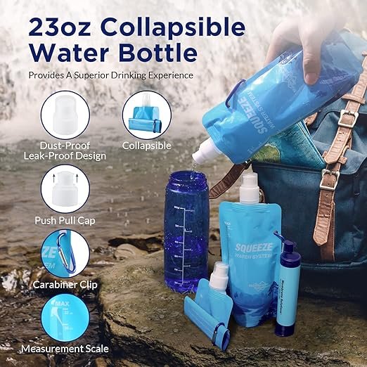 3 MS 23oz Foldable Water Bottle for Filter Straw, Reusable Pouch with Carabiner and Measurement, Portable Water Container for Outdoor Activities - 4 Pack
