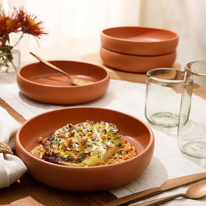 1 Corcisa Clay 4 Piece Dinner, Pasta, Meal Bowl Set - Burnt Apricot Terracotta