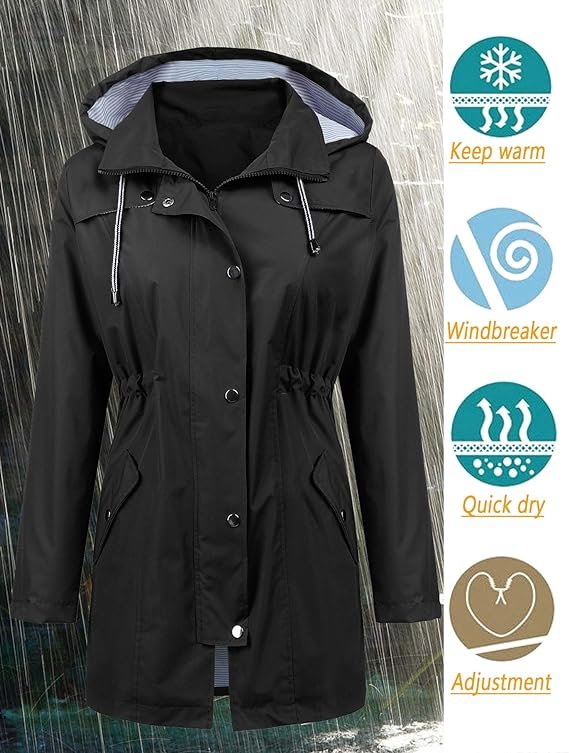 1 LOMON Raincoat Women Waterproof Long Hooded Trench Coats Lined Windbreaker Travel Jacket S-XXL