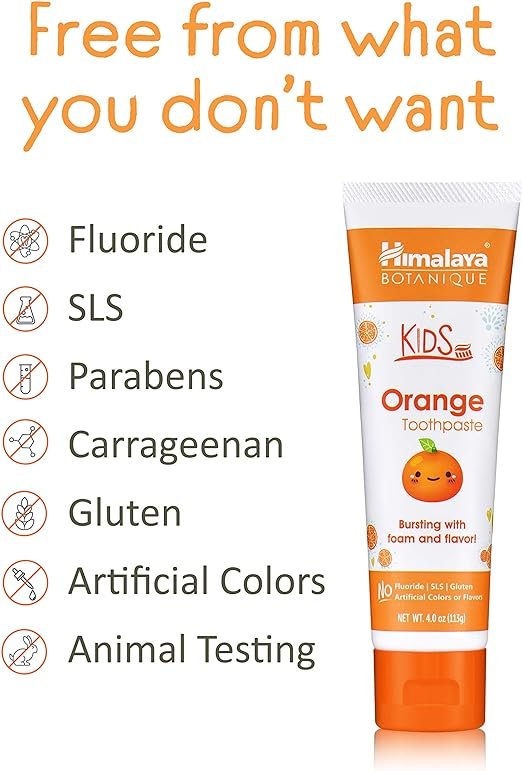 2 Himalaya Botanique Kids Toothpaste, Orange Flavor to Reduce Plaque and Keep Kids Brushing Longer, Fluoride Free, 4 oz