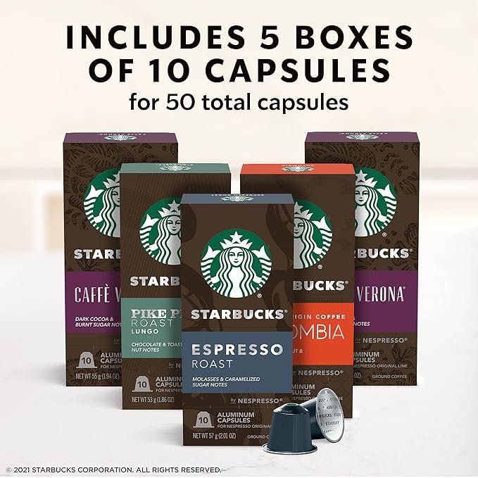 2 Nespresso Starbucks, Bold Assortment (50-count individual capsules, 10 of each flavor, works with Nespresso Original Line System)
