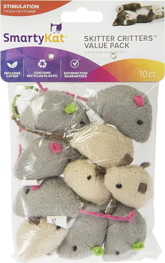 4 SmartyKat (10 Count) Skitter Critters Value Pack Catnip Cat Toys - Gray/Cream, 10 Count