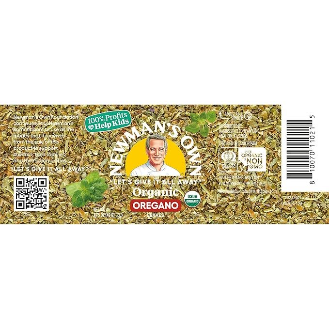 1 Newman's Own Organic Oregano Leaves; Great on Pasta, Dressings, and Marinades, USDA Certified Organic; Non-GMO; Kosher; 0.52Oz. Bottle