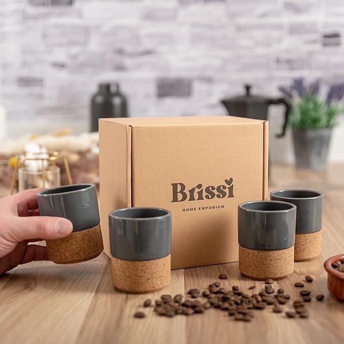 3 Set of 4 Gray Modern Ceramic Espresso Cups - Charming 4oz Coffee Mug with Detachable Cork Sleeve - Stacking Design - Handle-Free