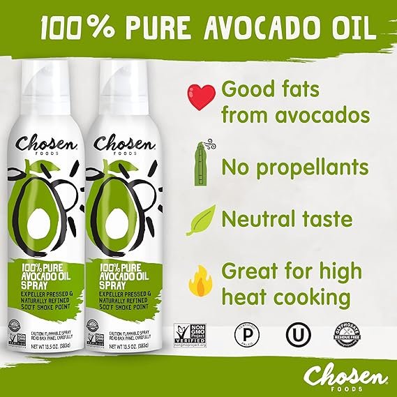 1 Chosen Foods 100% Pure Avocado Oil Spray, Keto and Paleo Diet Friendly, Kosher Cooking Spray for Baking, High-Heat Cooking and Frying (13.5 oz, 2 Pack)