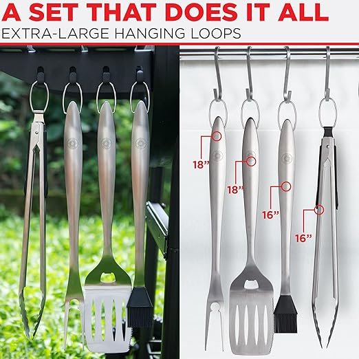3 Grill-Master Tool Set: Sturdy BBQ Essentials - Essential 4-Piece Grill Kit with Spatula, Fork, Brush, and Tongs - Perfect Gifts for Father - Robust and Long-lasting Stainless Steel Grill Tools
