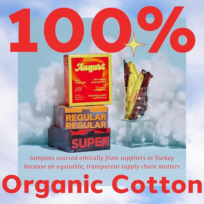 5 August Organic Cotton Tampons, 96 Light Tampons Made with Organic Cotton, Long Applicators, Non-Toxic Organic Tampons, Fragrance-Free, Chlorine-Free, and Hypoallergenic (6 Boxes of 16/12 Boxes of 8)