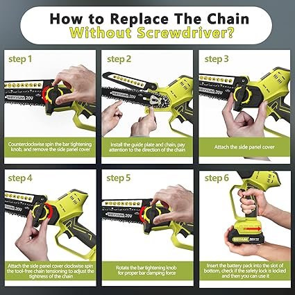 4 SEYVUM Mini Chainsaw Cordless, 6 Inch Portable Electric Cordless Chainsaw Tool-Free Installation[User Friendly], for Tree Trimming Branch Pruning Wood Cutting(2Pcs 2.0Ah Batteries& 2 Steel Chains)