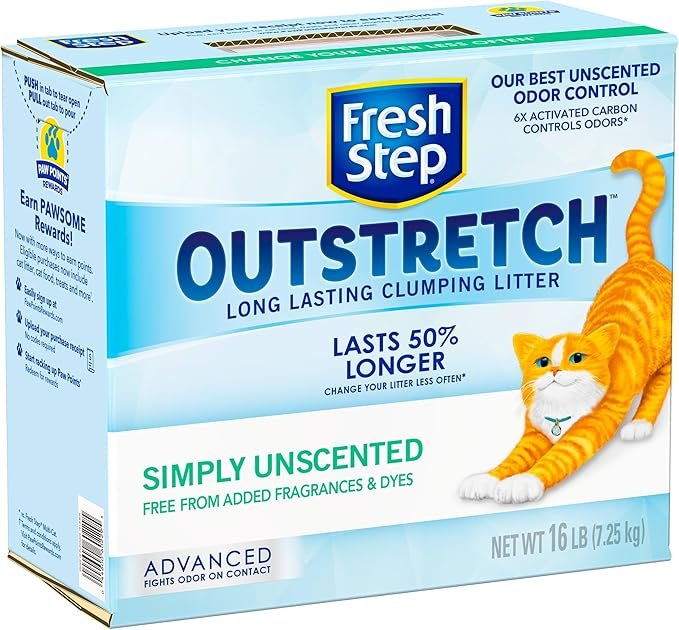 3 Fresh Step Clumping Cat Litter, Outstretch Advanced, Unscented Long Lasting Odor Control Kitty Litter with Activated Charcoal, 32 lb