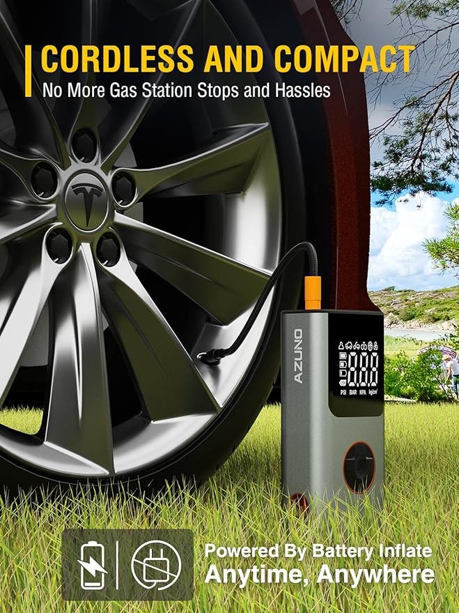 4 AZUNO 2-in-1 Electric Inflator, Portable Air Mattress Pump, Battery USB Rechargeable-150 PSI Rapid Inflate & Cordless for Tires, Air Mattresses, Beds, Pool Toys, Swim Rings, and Floats.