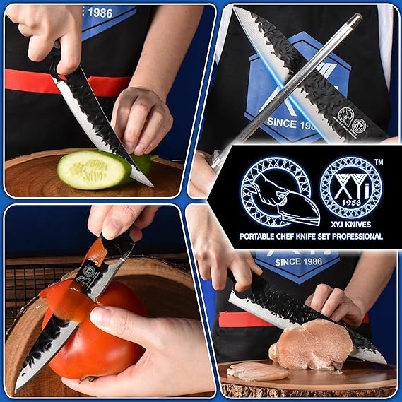 3 Portable Chef Knife Set by XYJ, a professional brand established in 1986. This set includes 7 camping knives, including a meat cleaver, gyuto knife, scissors, honing steel, and finger hole Serbian chef knives. All knives are full tang and made of high carbon steel. The set is color blue and comes with a convenient bag.