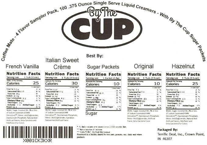 1 Liquid Coffee Mate Variety Pack - .375oz (4 Flavors) - 100 Count with Original, French Vanilla, Hazelnut, Italian Sweet Crème & By The Cup Sugar Packets