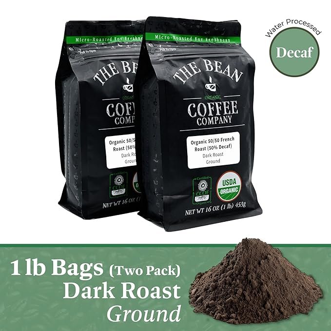 1 The Bean Organic Coffee Company 50/50 (Half Caff) French Roast, 50% Decaf, Dark Roast, Ground Coffee, 16-Ounce Bags (Pack of 2), Café Molido Tostado Orgánico descafeinado
