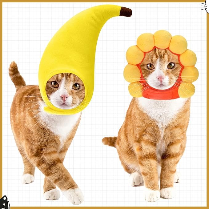 4 5 Pcs Cat Hat Adorable Costume Bunny Hat with Ears Funny Mane Hat for Cats and Small Dogs Kitten Puppy Party Costume Accessory Headwear (Lion, Frog, Rabbit, Sunflower, Banana)