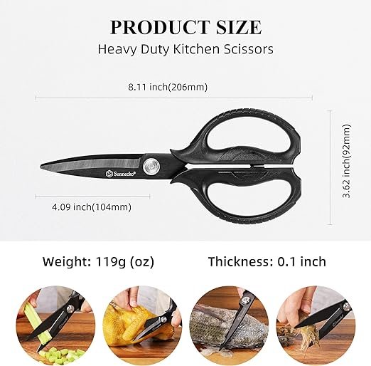 4 Sunnecko Robust Kitchen Scissors, Black Titanium Coated Cooking Shears, All-Purpose 8 Inch Micro Serrated Scissors, Removable Blades, Comfortable Grip, Durable, Non-Slip and Corrosion-Resistant