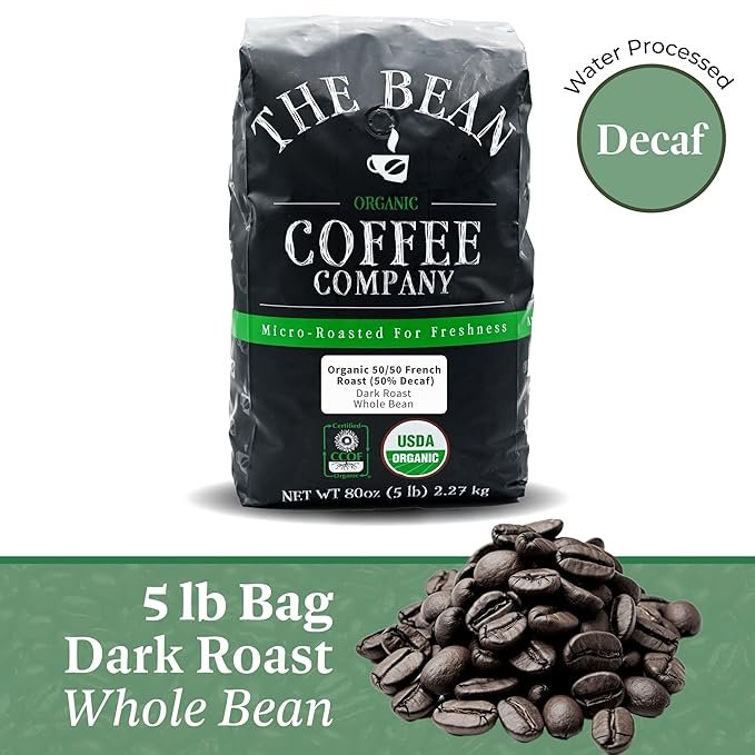 1 The Bean Organic Coffee Company 50/50 French Roast, 50% Decaf, Dark Roast, Whole Bean Coffee, 5-Pound Bag, USDA Organic Certified