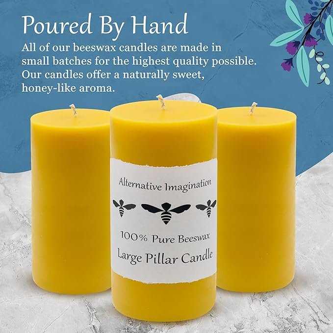 1 100% Pure Beeswax Candle - Large Pillar Candle - 80 Hour Burn Time - 3x6 Inch - Alternative Imagination