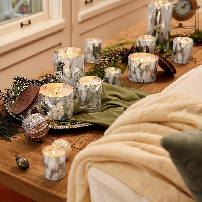4 Thymes Frasier Fir Statement Candle and Diffuser Gift Set - Holiday Scented Candle & Diffuser with Notes of Siberian Fir, Cedarwood, and Sandalwood - Silver (4 fl oz Petite Diffuser + 5 oz Candle)