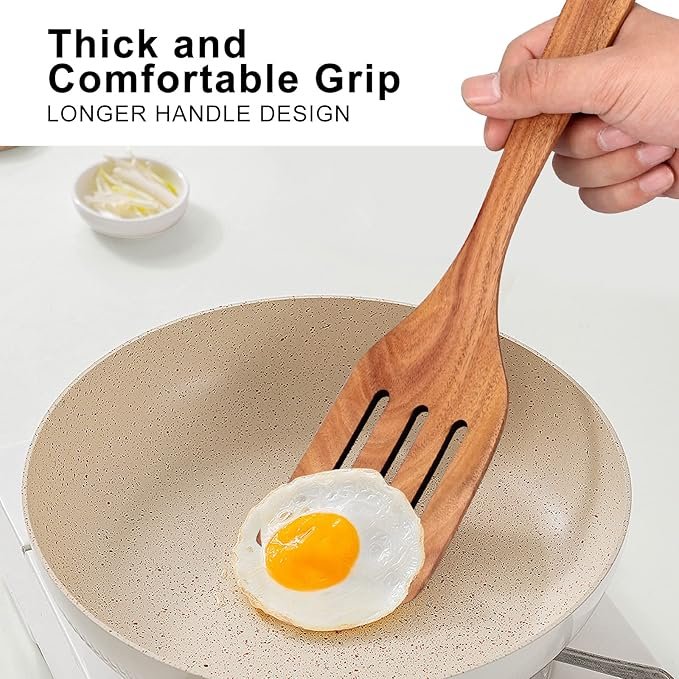 6 Best Wooden Spatula for Cooking Non Stick Kitchen Utensils Teak Wood Spatula Set of 4 Flat Slotted Turner Spatula for Baking Mixing Scraping Fish Spatula Wood Cooking Utensil Set Egg Flipper Spatula