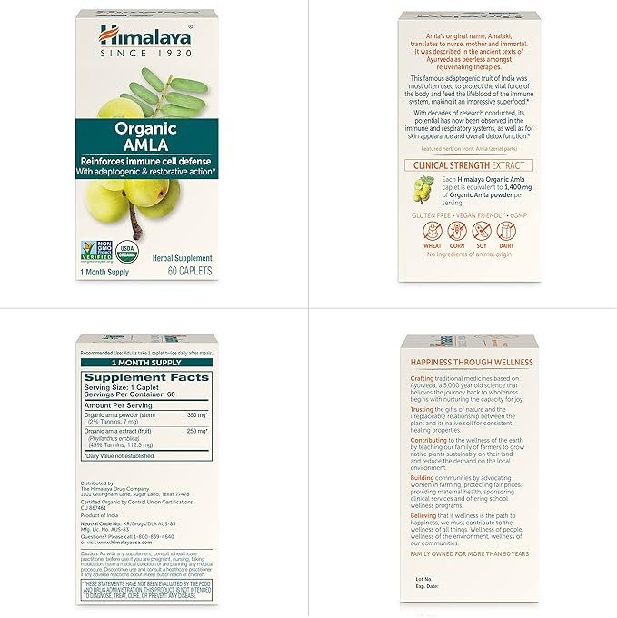 4 Himalaya Organic Amla/Amalaki for Active Immune Support and Cellular Defense, 600 mg, 60 Caplets, 2 Month Supply, 2 Pack