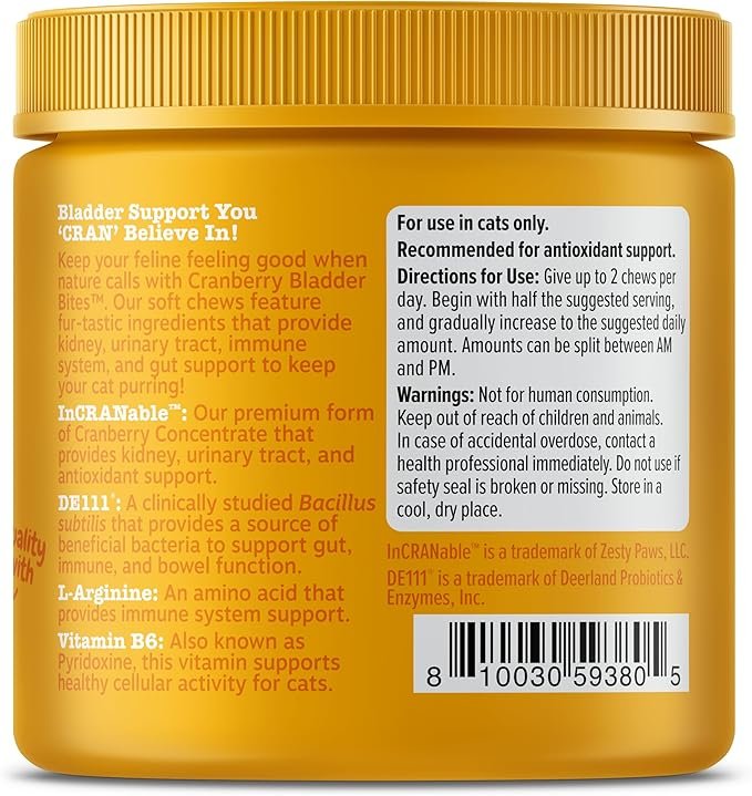 4 Zesty Paws Cranberry Bladder Bites for Cats - Kidney & Urinary Tract Health - Soft Chews with D-Mannose, Vitamin B6 & L-Arginine - Immune & Gut Support - Bacon - 60 Count