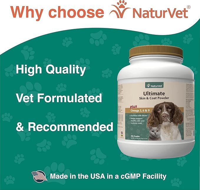 2 NaturVet Ultimate Skin & Coat Powder Pet Supplement for Dogs & Cats – Includes Omegas 3, 6, 9, Biotin, Vitamins – For Healthy Dog Coats, Cat Skin – Tasty Food Topper for Pets – 4 lbs.