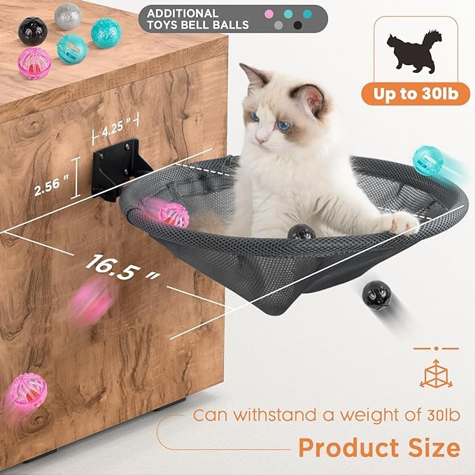 2 JUNSPOW Cat Hammock Wall Mounted, Foldable & Stable Cat Beds- Breathable Cat Wall Shelves for Sleeping, Playing, Climbing, and Lounging - Maximum Hold Up to 30lb (Gray)