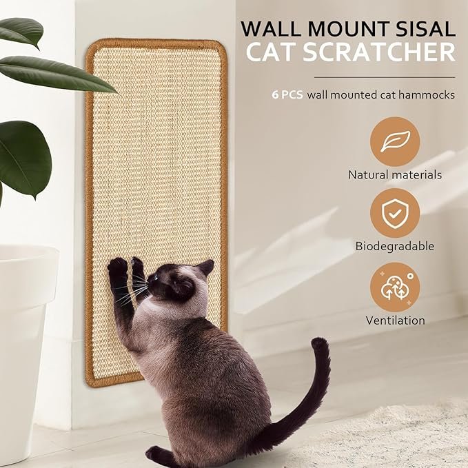1 Mixweer 6 Pcs Wall Mounted Cat Scratching Post Floor or Wall Mounted Vertical Cat Scratch Pad 9.8 x 19.7 Inch Sisal Cat Scratching Pad Scratch Mat for Couch Wall Window Perch Wall Furniture