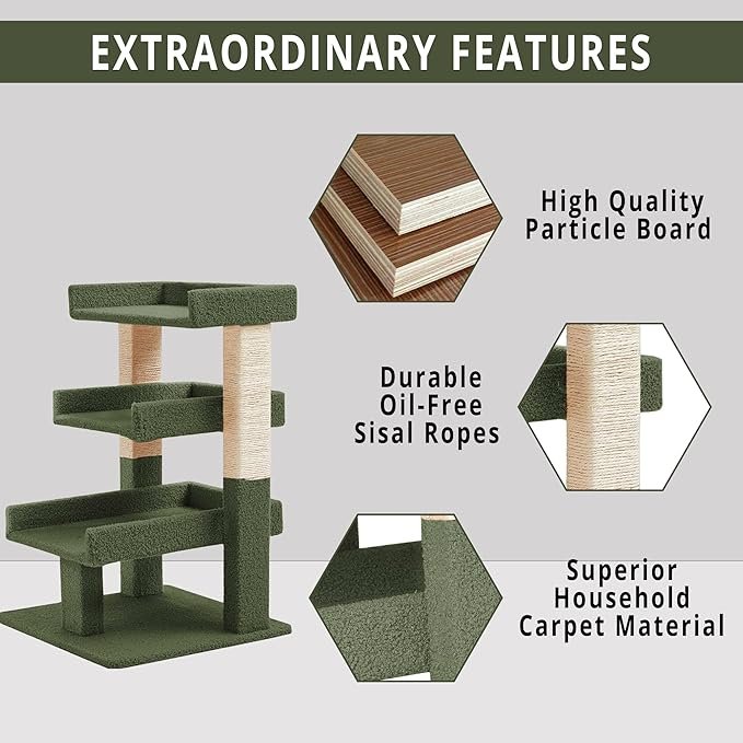 1 Naomi Home Nala Cat Tree for Large Cats, Cat Activity with Scratching Post, Cat Tower for Large Cats, 3 Level Cat Play Perch, Cat Climbing Tower, Cat Tree for Indoor Cats Multi-Level Cat, Green