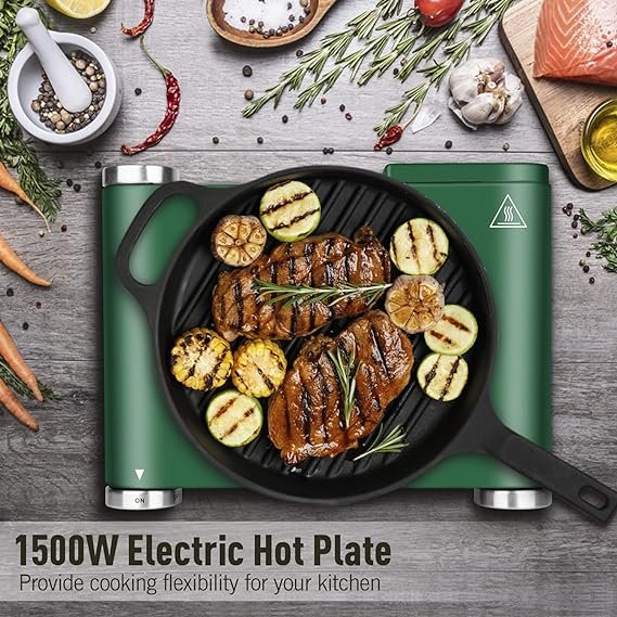 4 Cusimax Hot Plate Electric Burner Single Burner Cast Iron hot plates for cooking Portable Burner with Adjustable Temperature Control Stainless Steel Non-Slip Rubber Feet, Upgraded Version (Cast Iron, Green Single Burner)