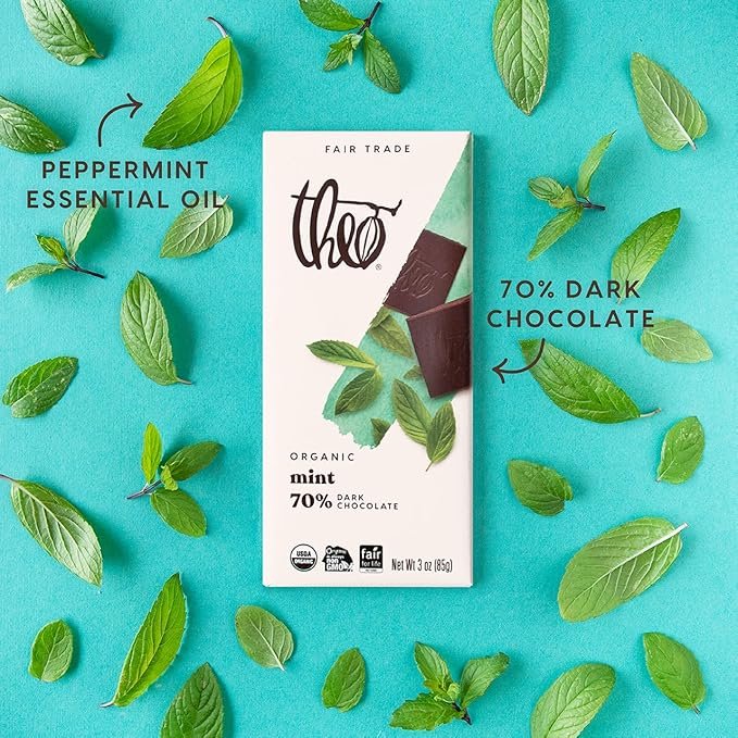 3 Theo Chocolate Mint Organic Dark Chocolate Bar, 70% Cacao, 6 Pack | Vegan, Fair Trade