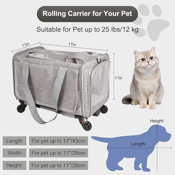 3 Cat Carrier with Wheels Airline Approved, Designed for Dogs & Cats with Wheels for Up to 25 LBS(Upgrade Material-Sponge Filling) with Telescoping Handle for Walking Travel Vet Visits (Grey)