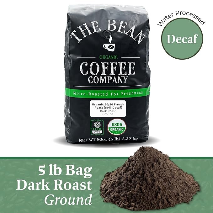 1 The Bean Organic Coffee Company 50/50 (Half Caff) French Roast, 50% Decaf, Dark Roast, Ground Coffee, 5-Pound Bag, Café Molido Tostado Orgánico descafeinado