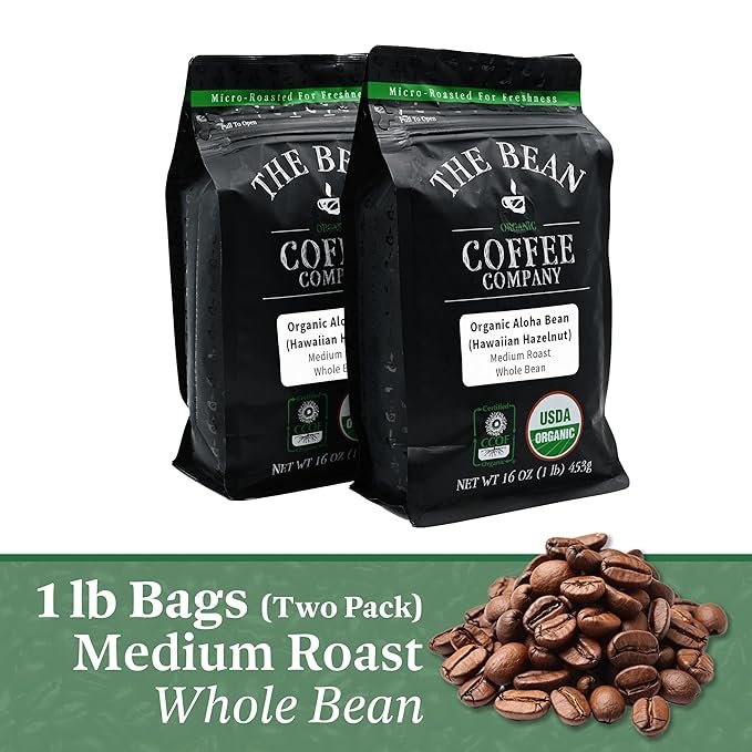 1 The Bean Organic Coffee Company Aloha Bean (Hawaiian Hazelnut), Medium Roast, Whole Bean Coffee, 16-Ounce Bags (Pack of 2)