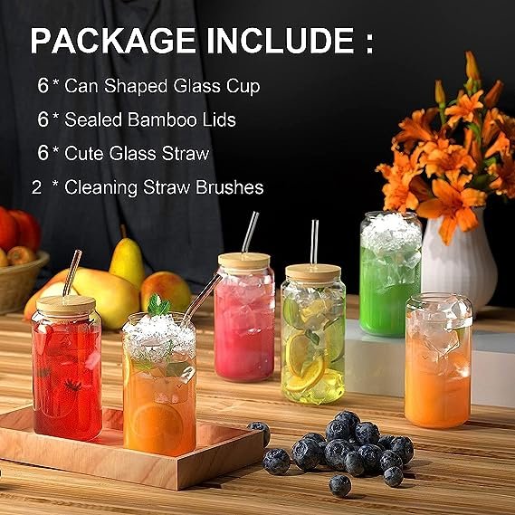 2 6-Pack Glass Cups with Bamboo Lids and Glass Straws, 16oz Can Shaped Glass Beer Glasses, Clear Tumbler Cups, Perfect for Whiskey, Cocktails, and Iced Coffees - Includes 2 Cleaning Brushes