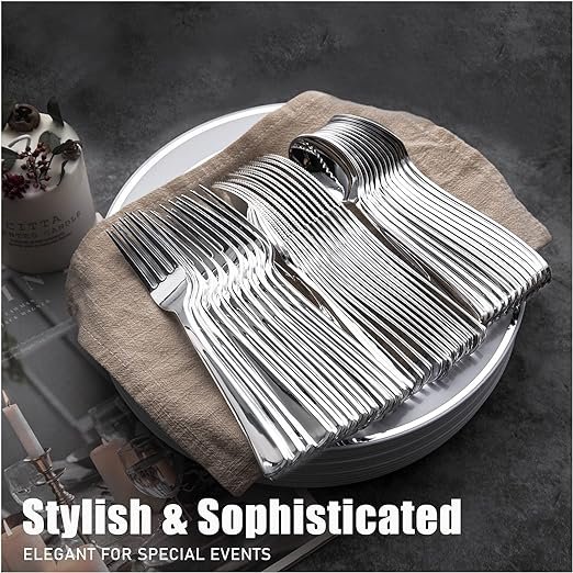 3 WDF 160 Pieces Plastic Silverware - Silver Plastic Silverware - Plastic Silverware Heavy Duty - 80 Forks 40 Knives 40 Spoons - Disposable Silver Plastic Cutlery Perfect for Wedding/Party/Christmas