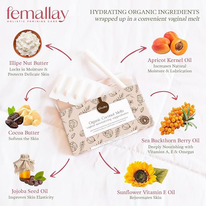 4 Femallay Organic Vaginal Moisturizing Suppository Melts - 100% Natural Suppositories for Vaginal Odor and Dryness Relief, Ultra-Hydrating Fast-Acting Comfort (Coconut)