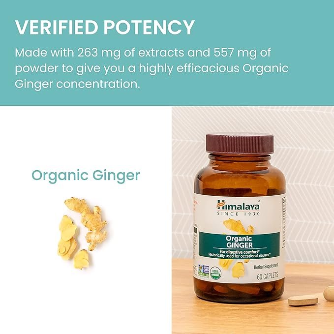 4 Himalaya Organic Ginger Supplement Equivalent to 4,766 mg of Ginger Powder for Nausea, Gas and Occasional Upset Stomach, 2 Month Supply, 60 Caplets