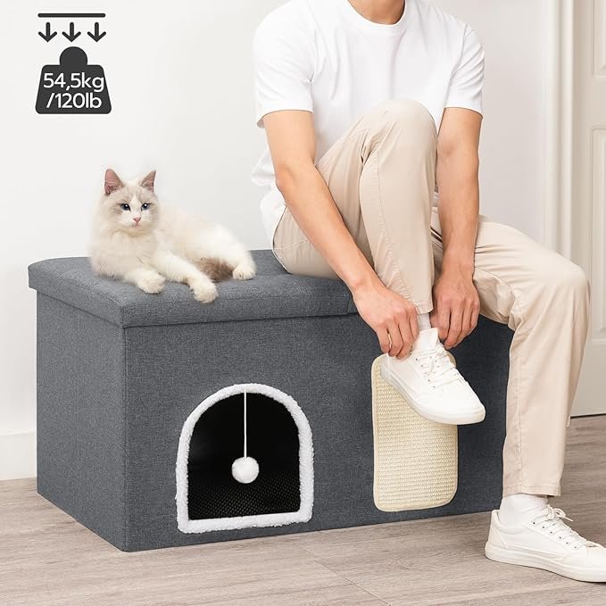 2 HOOBRO Cat Litter Box Enclosure, 35.4" Hidden Litter Box Enclosure, Cat Litter Box Furniture with Cat Mat, Including Scratching Board and Cat Toy, Waterproof, Easy Assembly, Gray GYZ90MW03