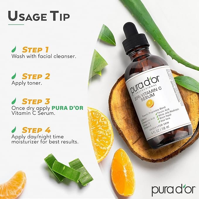 4 PURA D'OR 20% Vitamin C Serum (4oz BEST VALUE) Lightweight Maximum Strength Formula,Hyaluronic Acid,Retinol,Professional Grade Treatment For Face & Eyes,Dark Spots,Acne,Wrinkles,For Men & Women