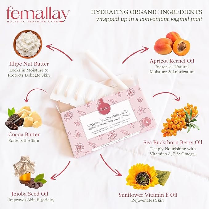 4 Femallay Vanilla Rose Vaginal Moisturizing Suppository Melts, 100% Natural Suppositories for Vaginal Odor and Dryness, 14 Individually-Sealed Scented Melts + 1 Applicator, 4-Pack