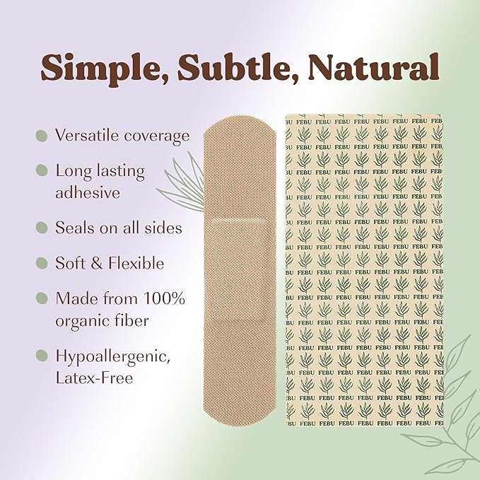 2 FEBU Eco-Friendly Organic Bamboo Fabric Bandages | PFAS Free Flexible Fabric Bandages | Latex Free Bandages | Natural Hypoallergenic Bandages for Scrapes, Cuts & First Aid | 75 Count Pack