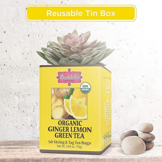 4 Brew La La Organic Green Tea - Natural Ginger Lemon Flavor - 50 Tea Bag Tin - Low Caffeine Tea - USDA Certified Organic